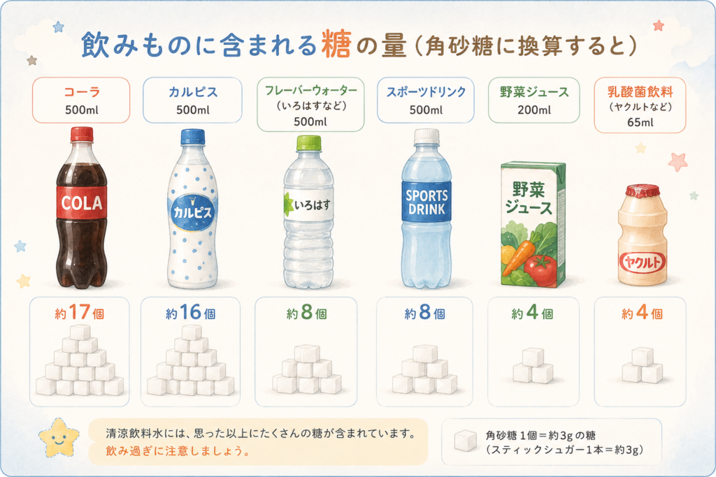清涼飲料水や野菜ジュースに含まれる糖の量を角砂糖で換算して比較した図解(宝塚市・西宮市の星空こども・アレルギークリニック)