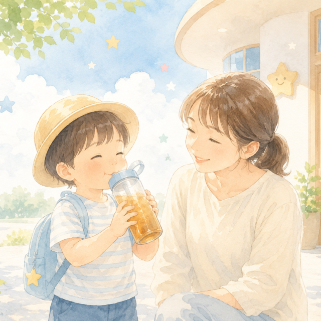 宝塚市・西宮市の小児科「星空こども・アレルギークリニック」がお伝えする、子どもの水分補給（麦茶やジュースの飲み過ぎ・注意点）を解説したイラスト