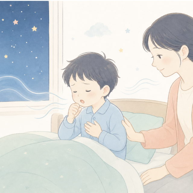 夜、ベッドで咳き込む男の子の背中を、お母さんが優しくさすって寄り添っているイラスト