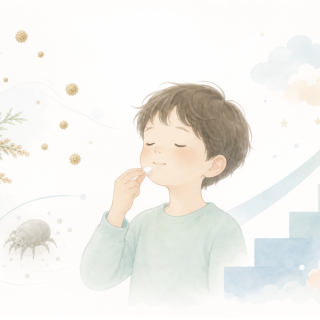 子どもの舌下免疫療法の仕組みとアレルギー性鼻炎への効果を解説する画像