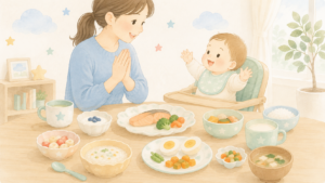 笑顔の母親と離乳食を食べて喜ぶ赤ちゃん、離乳食のメニューが並ぶテーブルのイラスト