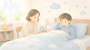 朝なかなか起きられず頭を抱える男の子と、心配そうに時計を見つめる母親のイラスト