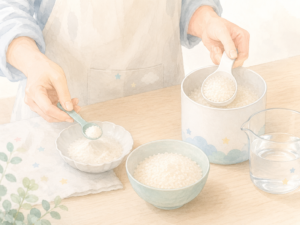 寒天入りごはんの作り方の解説イラスト。お米3合に粉寒天3gと通常より少し多めの水を加えて炊く手順を示した画像