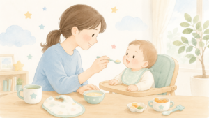 離乳食を赤ちゃんに食べさせているお母さんのイラスト