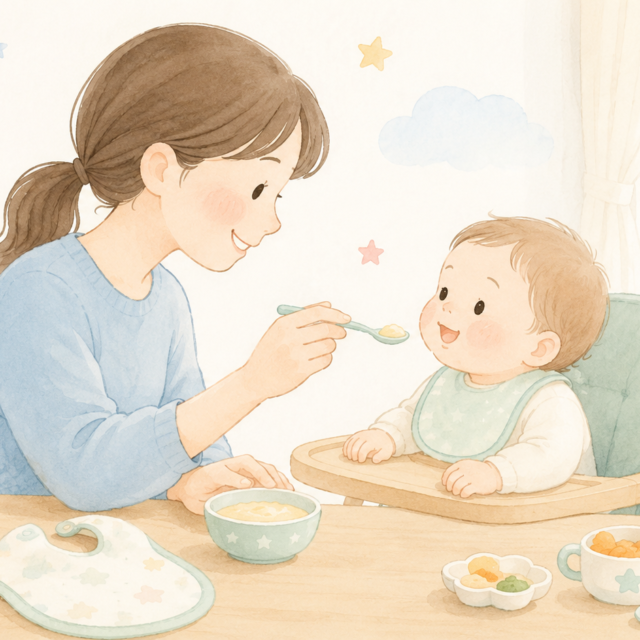 離乳食を赤ちゃんに食べさせているお母さんのイラスト