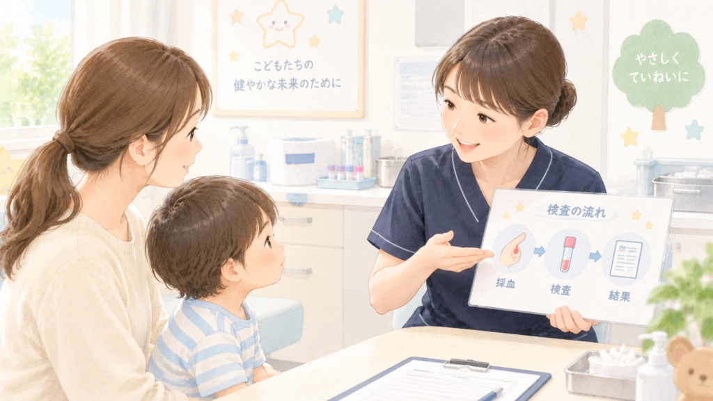 星空こども・アレルギークリニックの処置室で、看護師がイラスト入りの説明資料を使いながら、保護者とお子さまにアレルギー検査の流れをわかりやすく説明している様子